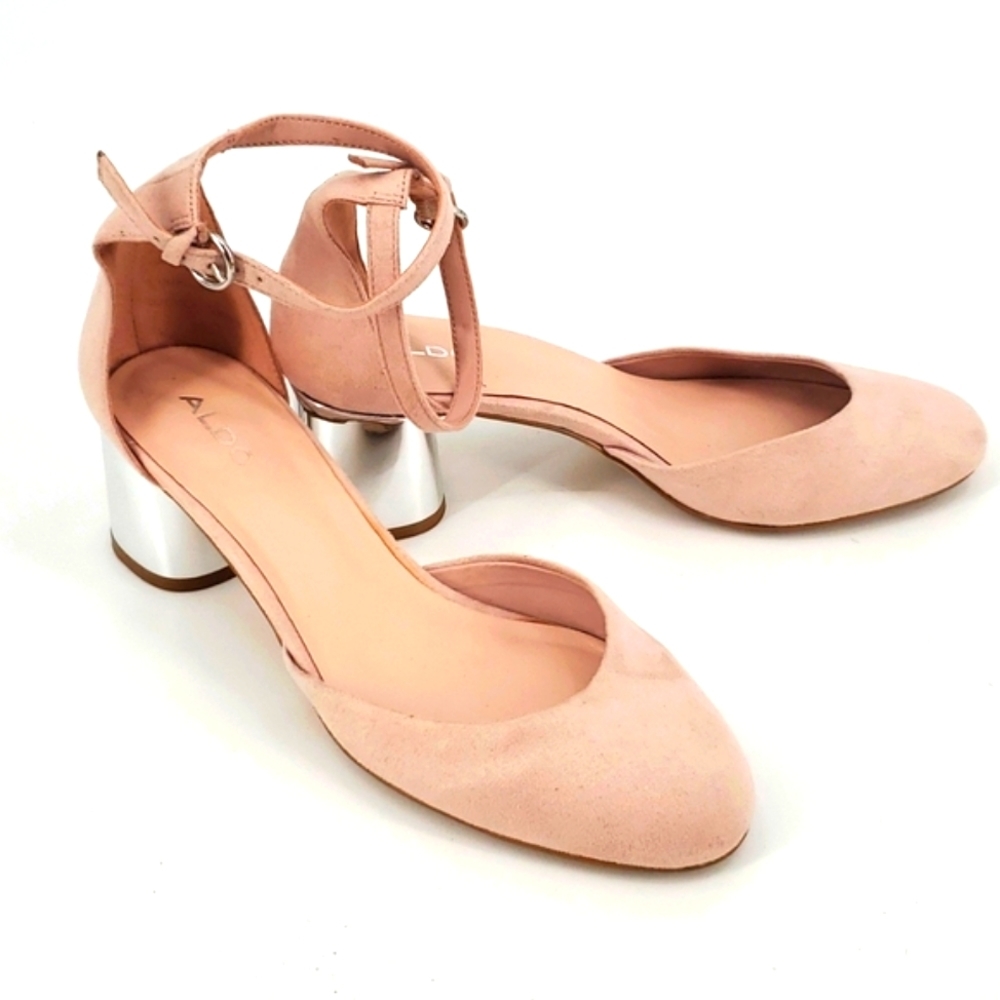 Aldo Pink Suede Maryjane Mirrored Block Heel Ankle Wrap Round Toe Shoe 8